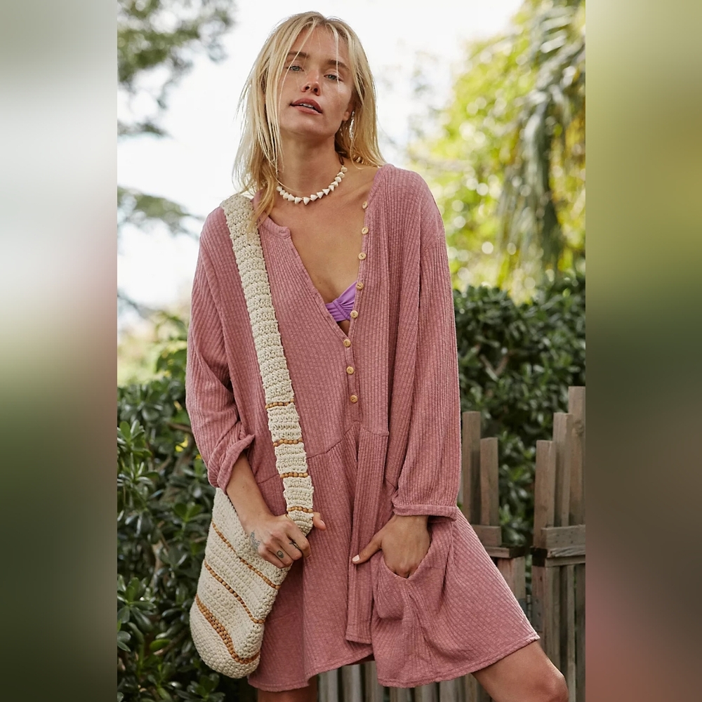 Free People FP Beach Blossom Button Front Henley Ribbed Tunic Mini Dress XS